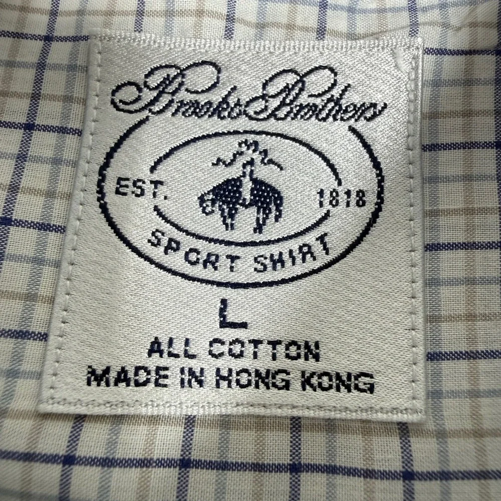 Brooks Brothers Mens Large Blue Tan Micro Check Cotton Short Sleeve Sport Shirt